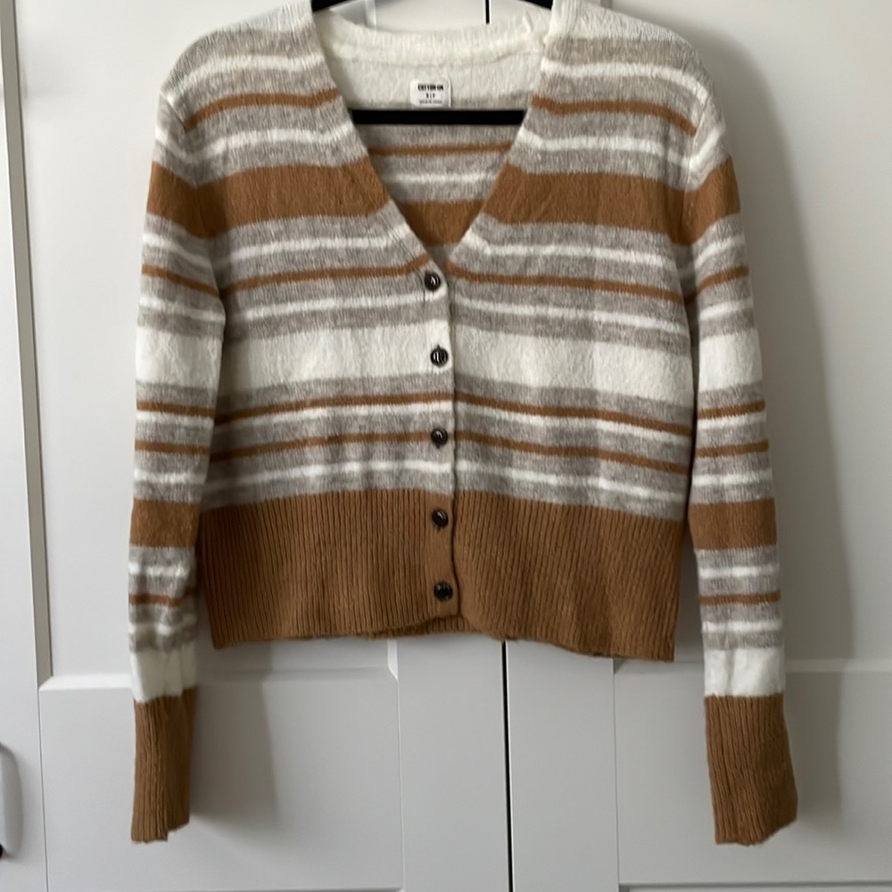 Cotton On Striped Button-Up Cardigan in White and Brown